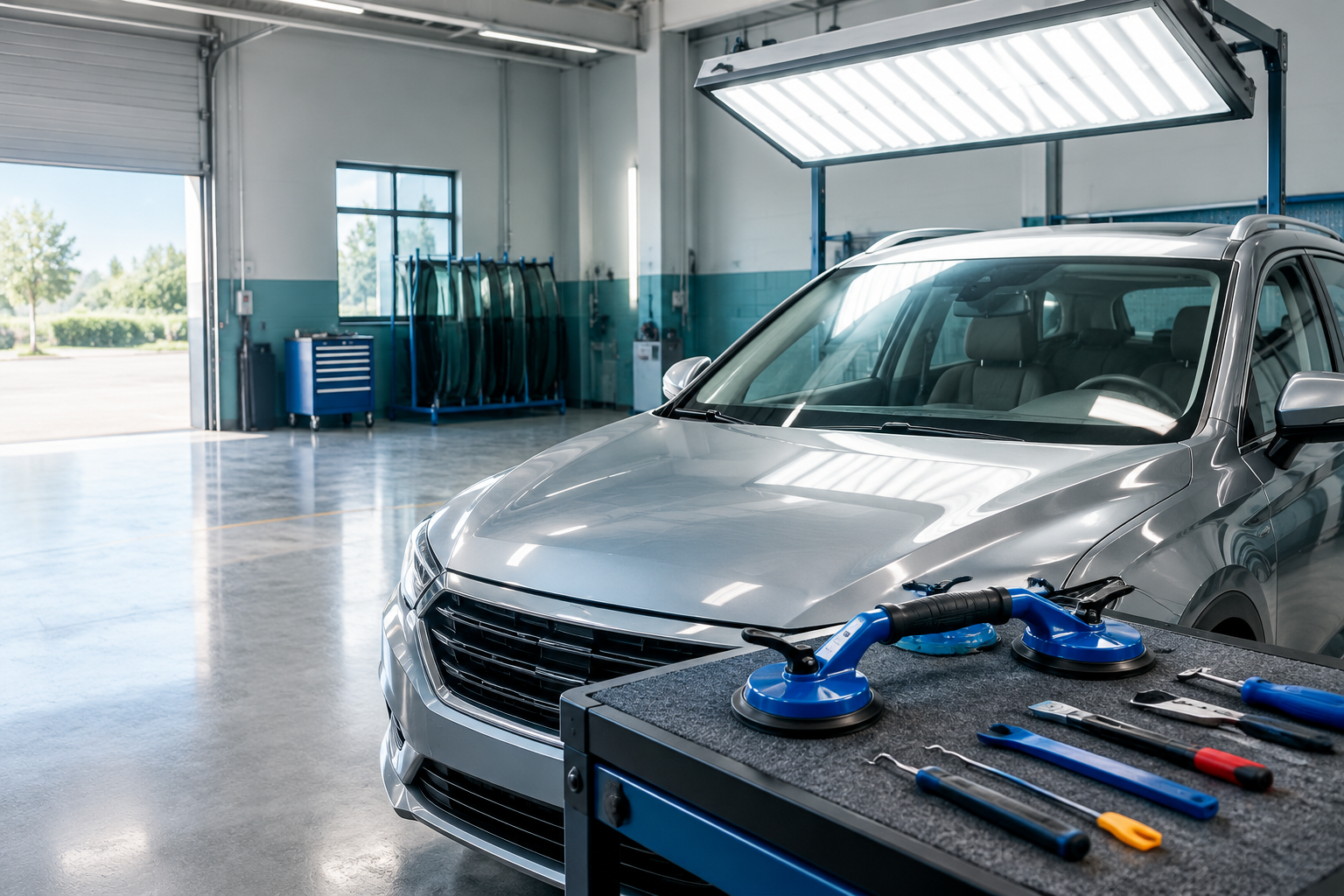 Vehicle glass inspection bay with tools laid out